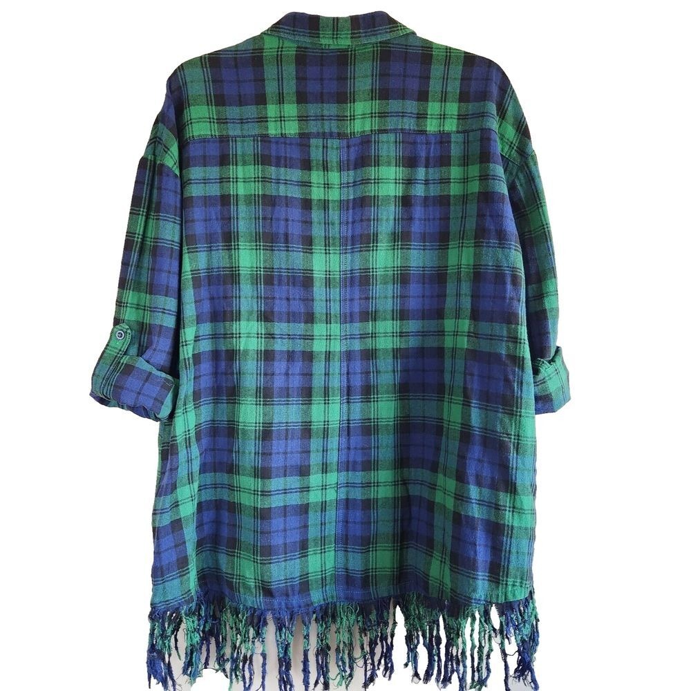 Blu Pepper Womens Boho Flannel‎ Shacket Size M/L Jacket Blue Plaid Fringe Hem - Picture 8 of 8